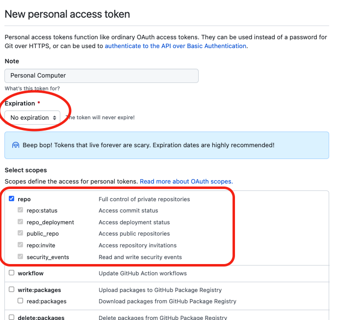 A screenshot displays the New personal access token page, with the no expiration and repo options selected.