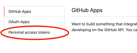A screenshot shows the Personal access tokens option under GitHub Apps.